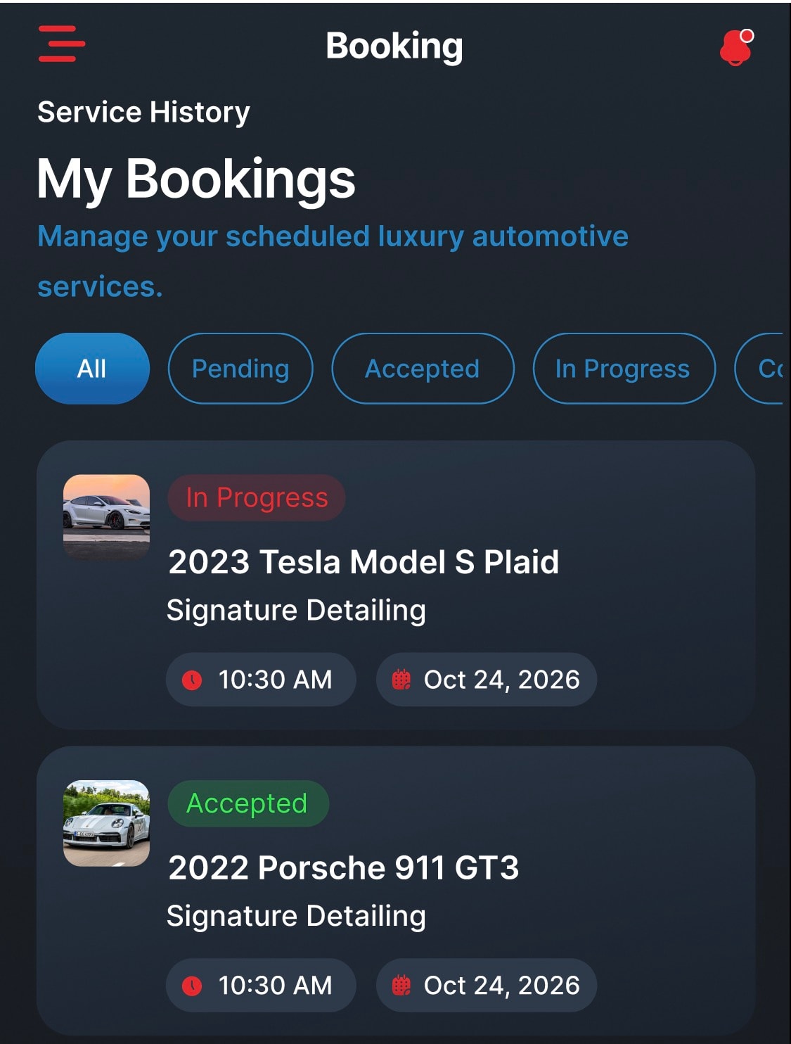 Brake2You Booking screen — My Bookings with service status