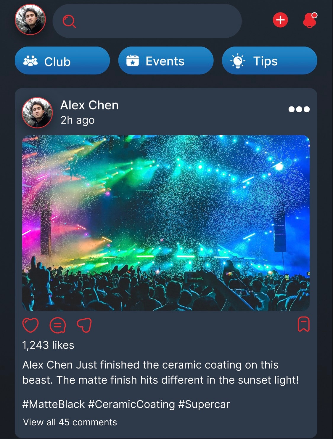 Brake2You Community screen — Club, Events, Tips and social feed